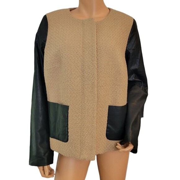 Talbots Jackets & Blazers - Talbots Jacket Womens Size 14 W Tan Black Boucle Tweed Faux Leather Slee…